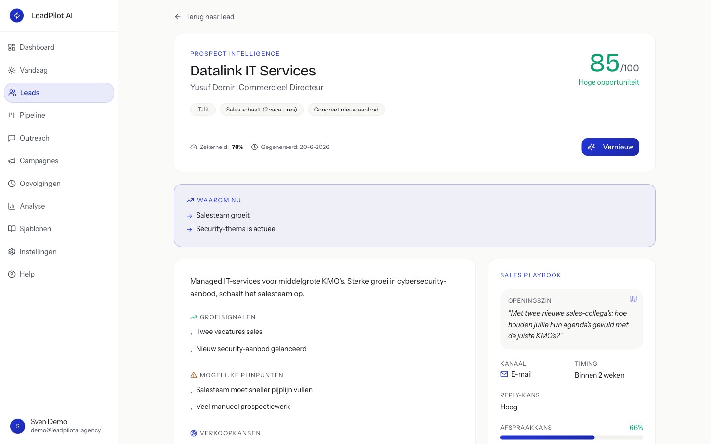 LeadPilot-productscherm — Prospect-dossier — koopintentie, koopsignalen, pijnpunten en een kant-en-klare openingszin, per bedrijf.