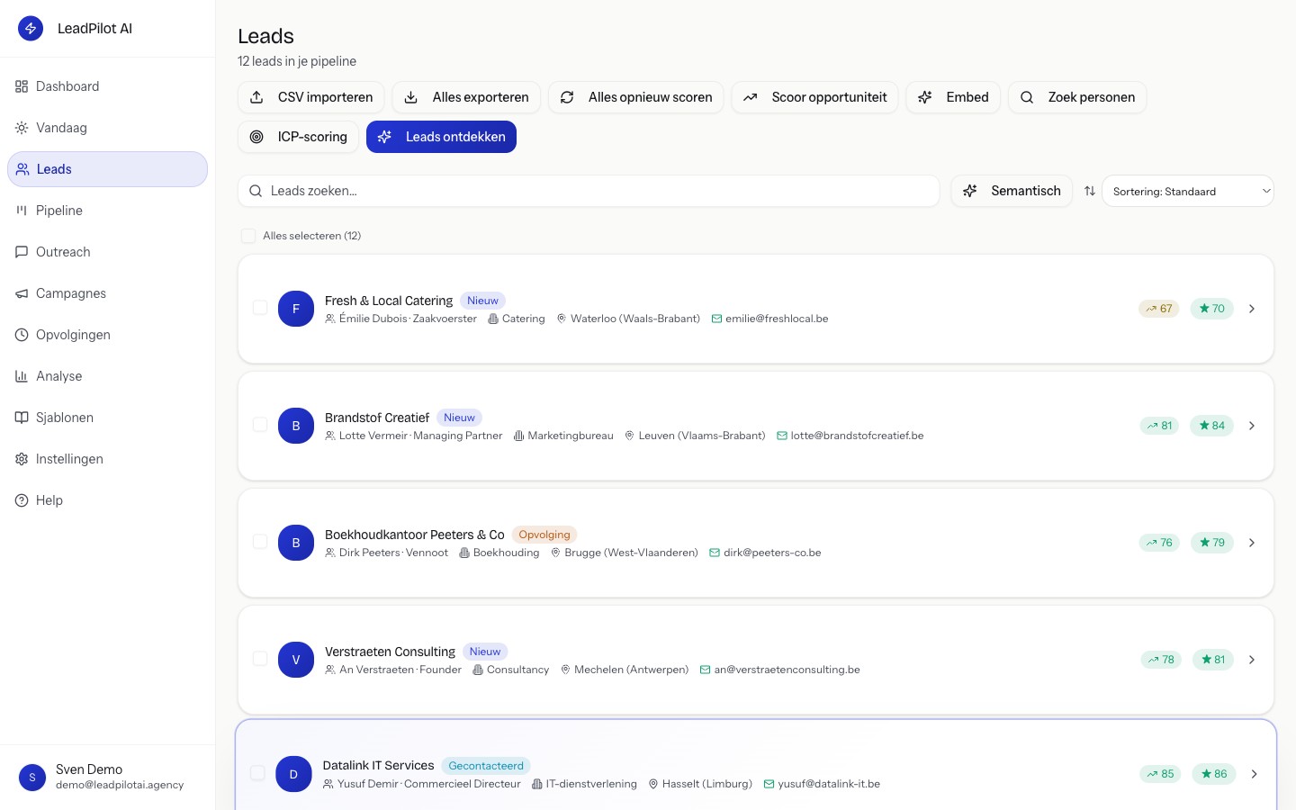 LeadPilot-productscherm — Leads — Belgische bedrijven, AI-gescoord op jouw profiel.